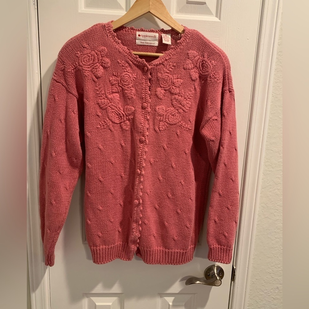 Appleseed’s Hand Embroidery Floral  Sweater Cardigan Pullover Rose Pink Sz Med
